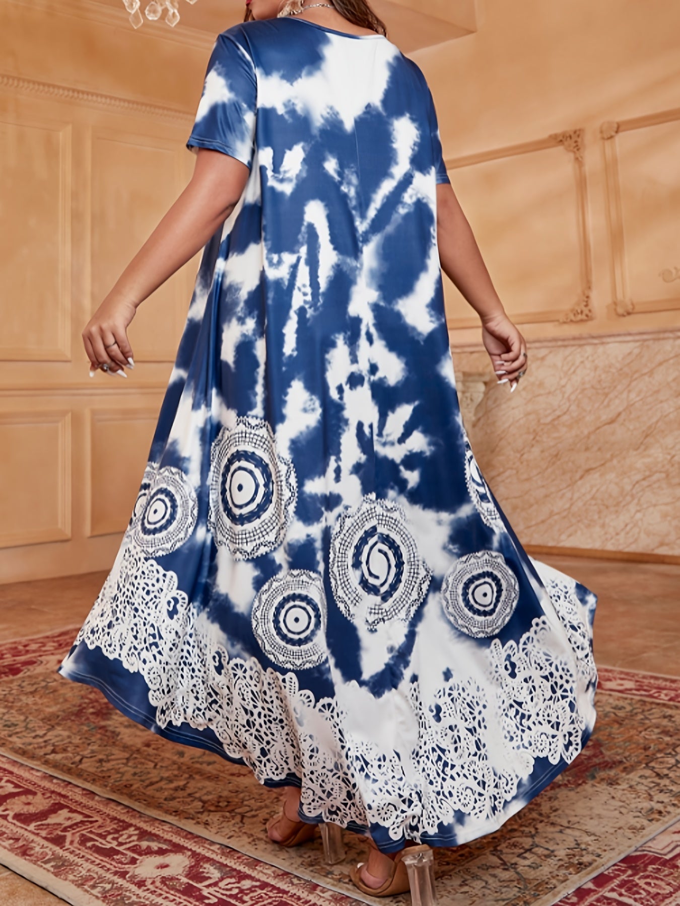 Circle & Lace Print Tie Dye Maxi Jalabiya Dress