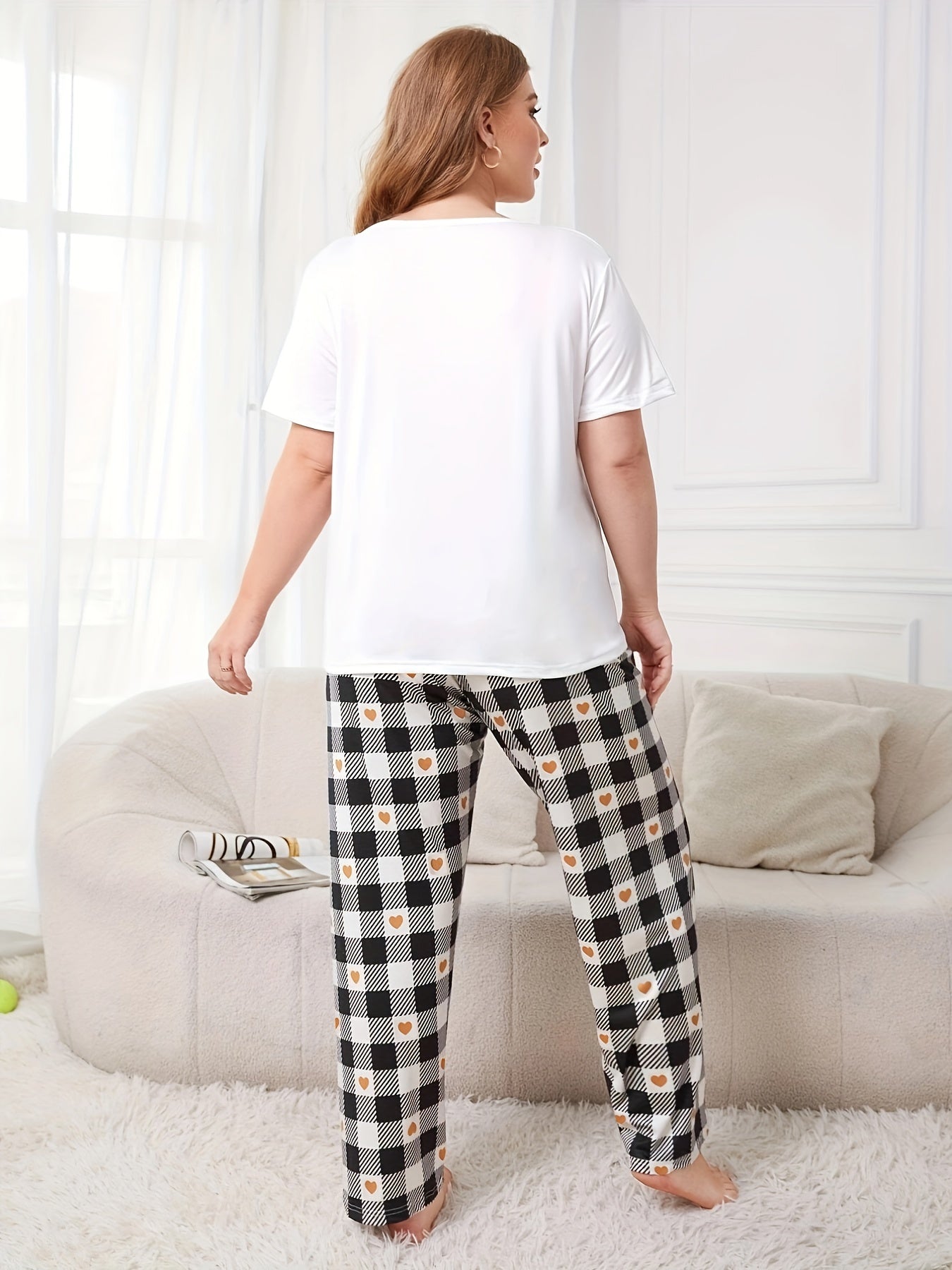 Women's Slogan & Heart Plaid Print Pajama Set
