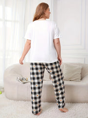 Women's Slogan & Heart Plaid Print Pajama Set