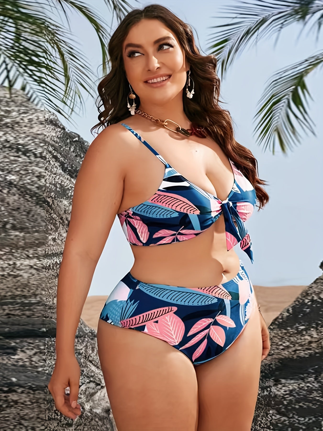 Boho Bikini Set Plus Leaf Print Cover Up Knot Front Bra Panty Swimsuit 3 Piece