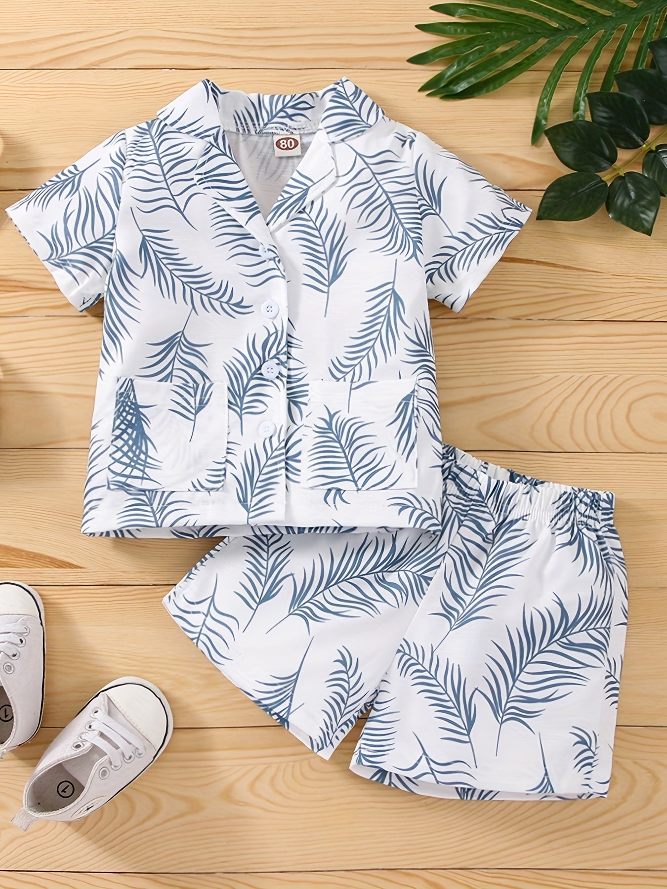 2pcs Baby Boys Leaf Print Short Sleeve Shirt & Shorts Set for Summer