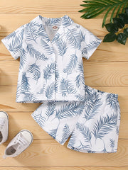 2pcs Baby Boys Leaf Print Short Sleeve Shirt & Shorts Set for Summer