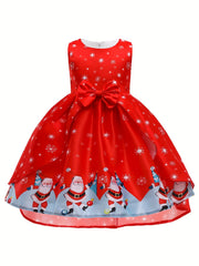 Girl's Christmas Princess Dress with Santa Print - Holiday Party Dress