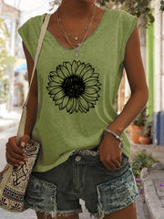 Sunflower Print V Neck Tank Top Women's Clothing