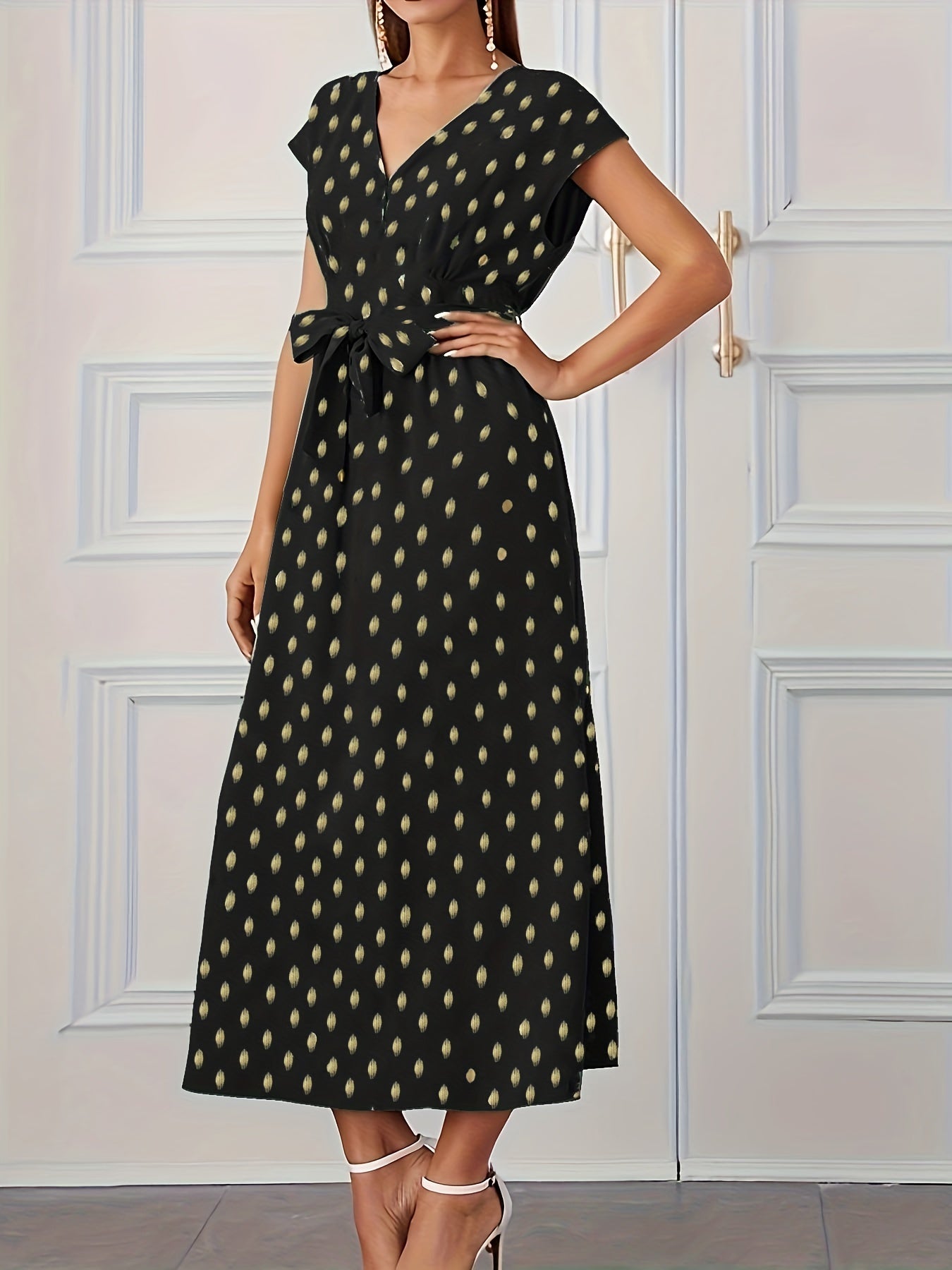 Plus Dot Print Cap Sleeve V Neck Maxi Dress With Belt