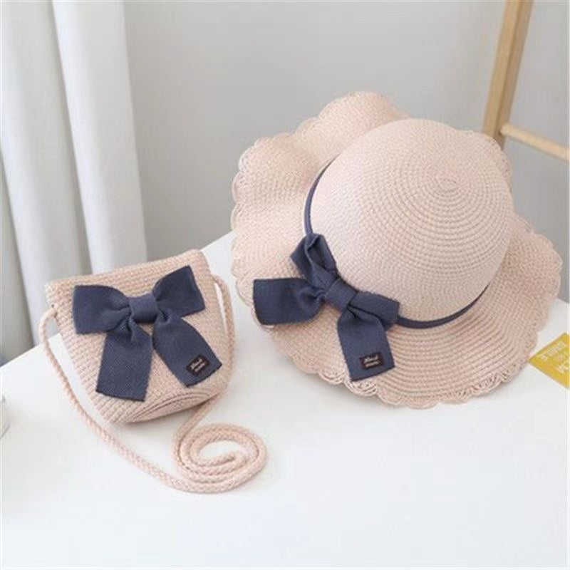Girls Bow Decor Beach Straw Hat Sun Protection Sunshade Hat & Handbags Set