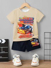 Boys Car Graphic Outfit Short Sleeves Round Neck T shirt & Shorts