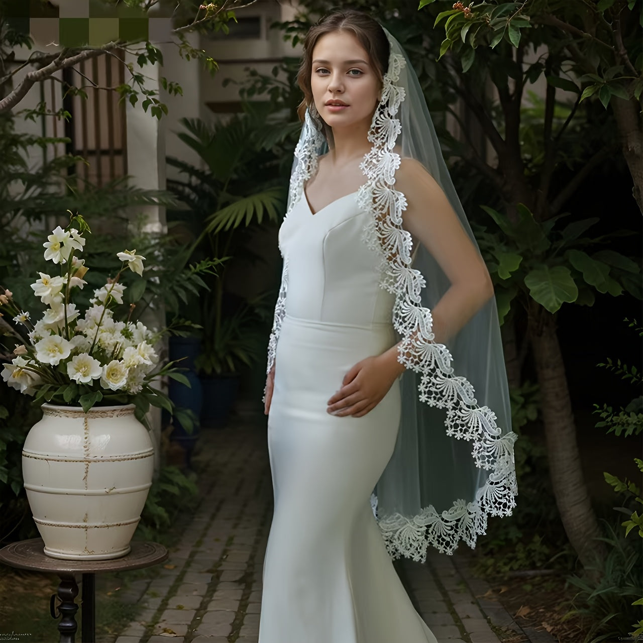 Bridal Veil Hair Accessory with Floral Lace Edge for Brides
