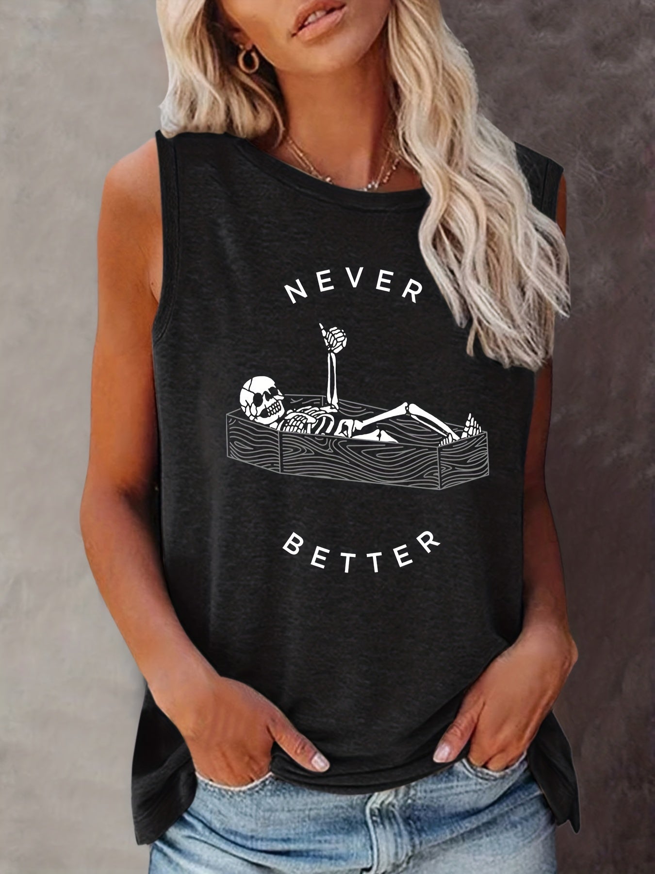 Skeleton & NEVER BETTER Print Tank Top Sleeveless Top For Summer Women