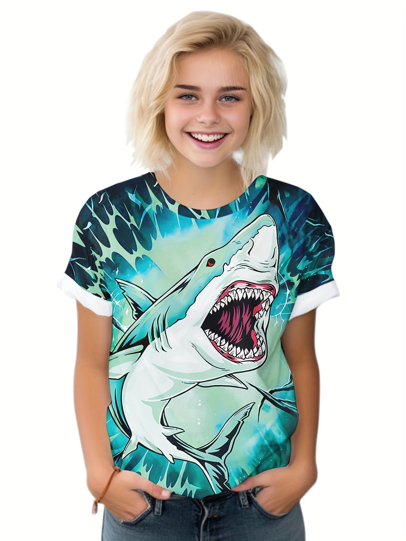 Kids Shark Print Short Sleeve T shirt - Boys Girls Summer Tees