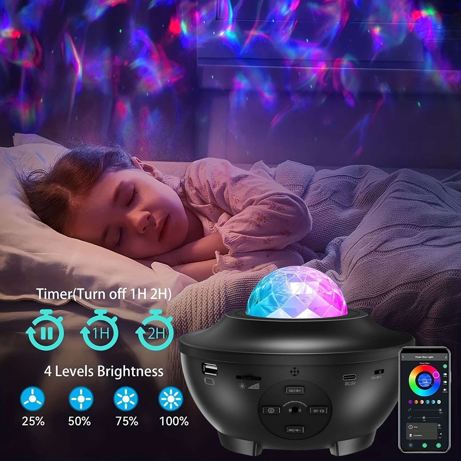 Star Projector Night Light with Remote, Music Speaker, Timer - For Baby, Kids