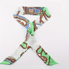 Green Skinny Scarf & Ring Set, Faux Pearl Scarf Clip, Neckerchief Twilly Scarf