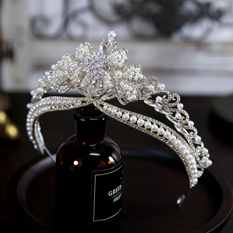 Faux Pearl Rhinestone Crown Tiara Princess Bridal Wedding Hair Accessory