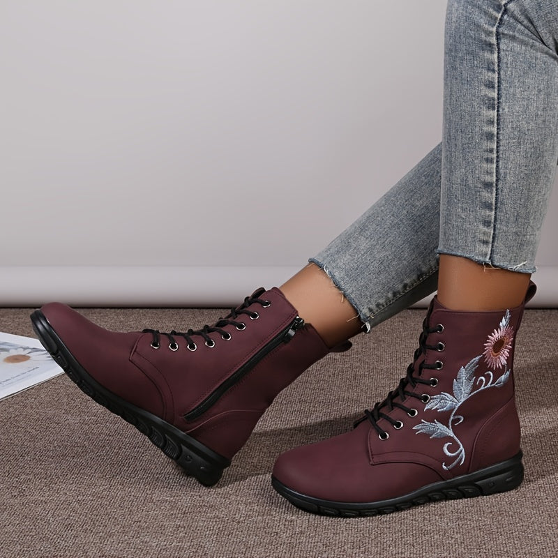 Floral Print Ankle Boots Flat Lace Zipper Combat Solid Shoes