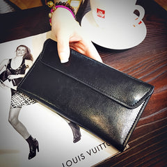 Women's Slim Long Wallet with Buckle Closure Red Brown Polyester Lined