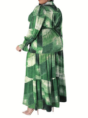 Patchwork Print Button Up Puff Sleeve Maxi Smock Dress