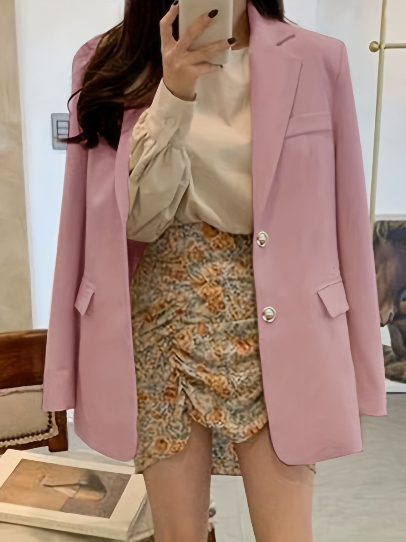 Solid Flap Pockets Blazer Lapel Long Sleeve Blazer for Office & Work