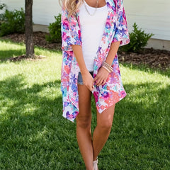 Floral Print Casual Cover Up Shirt V Neck Loose Fit Beachwear