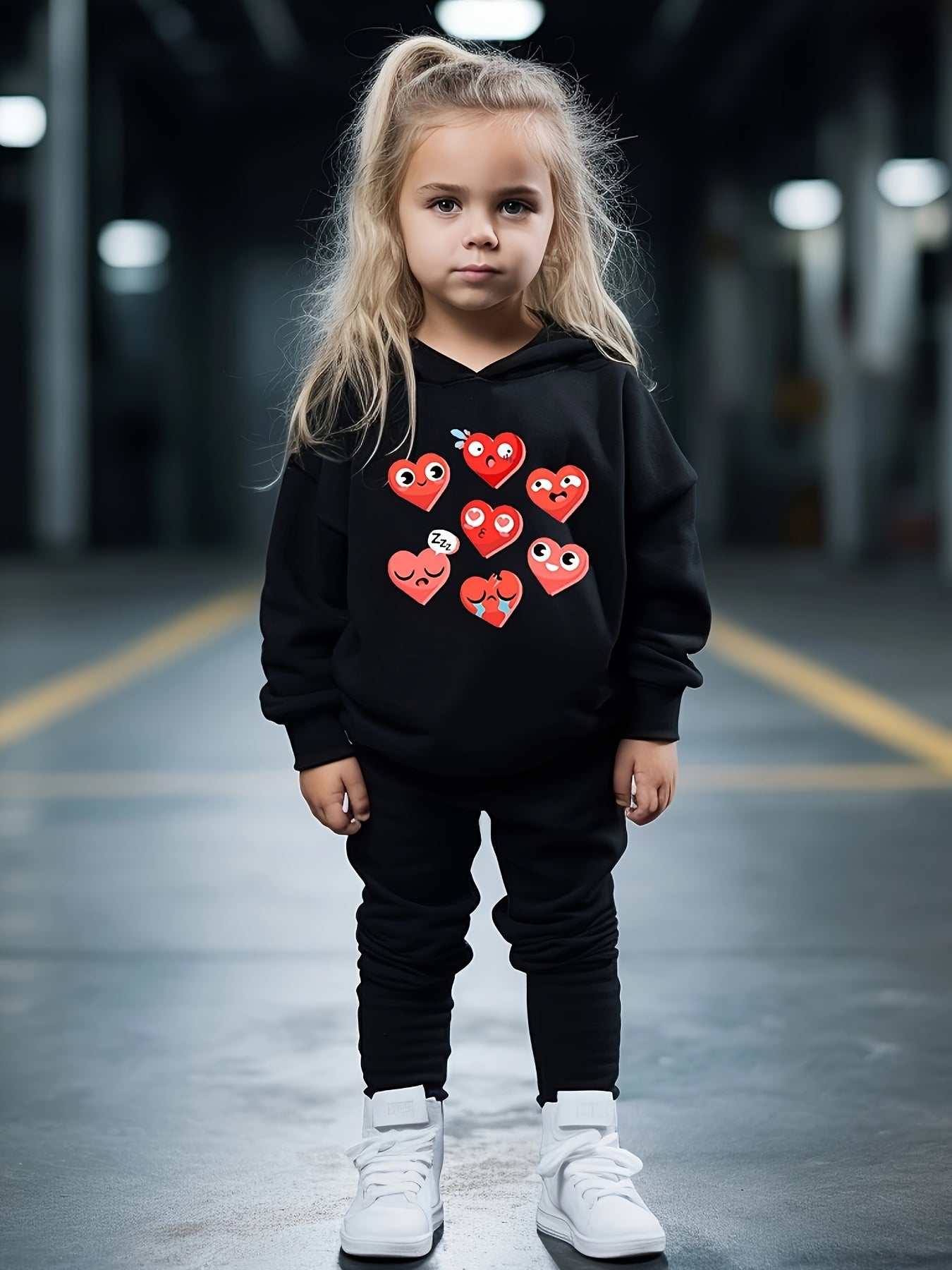 Girls Heart Pattern Hooded Sweatshirt Sweatpants Set