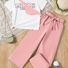 Girl's Letter T Shirt Set With Pants & Bag