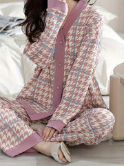Houndstooth Print Pajama Set V Neck Top & Pants