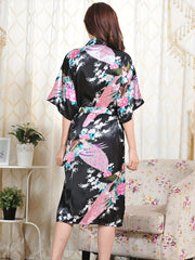 Floral Print Satin Night Robe Short Sleeve Robe
