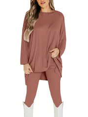 Solid Long Sleeve Top & Leggings Two Piece Set