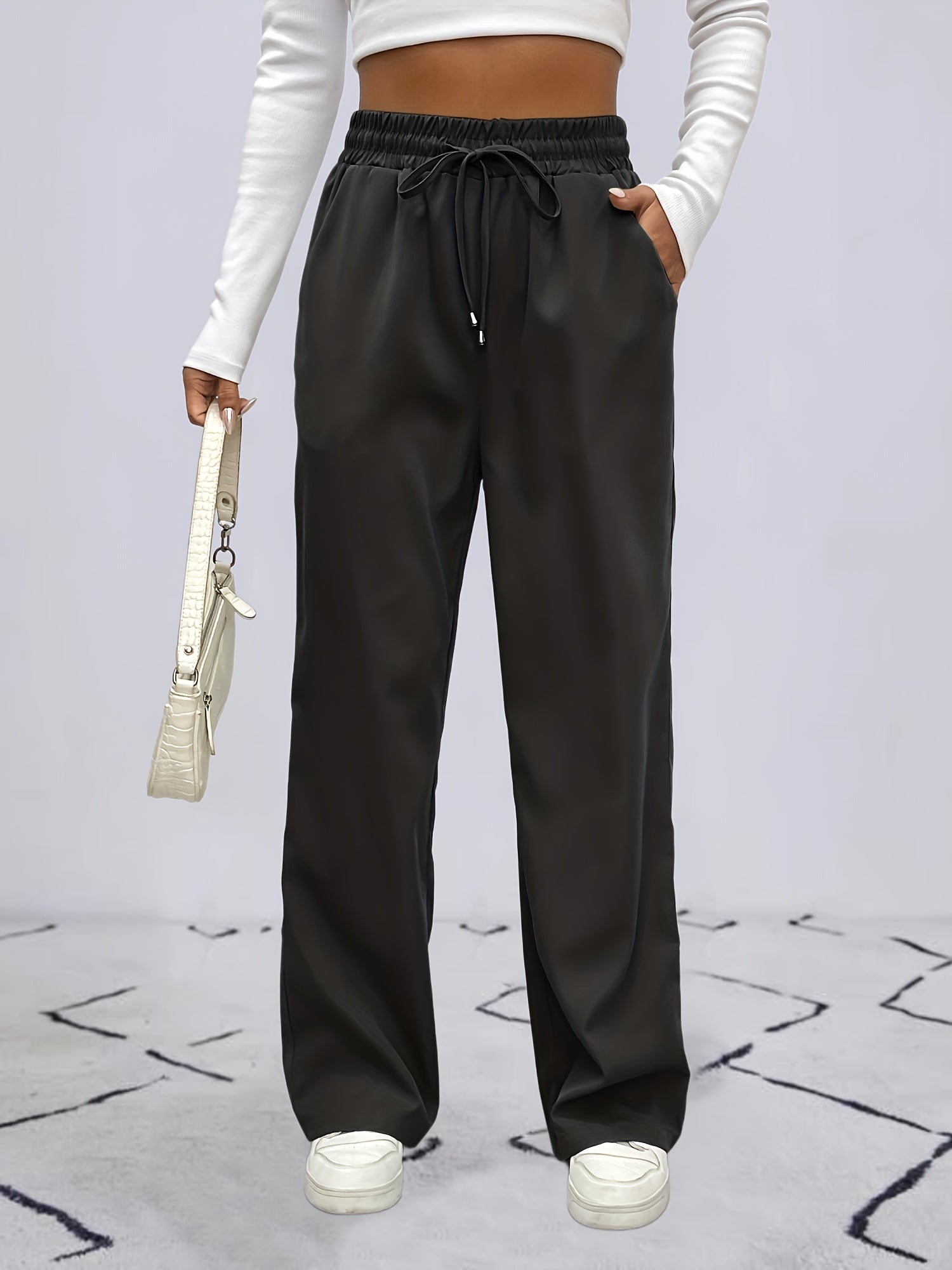 Solid Drawstring Pants Casual Wide Leg Elastic Waist Pants Women's Clothing