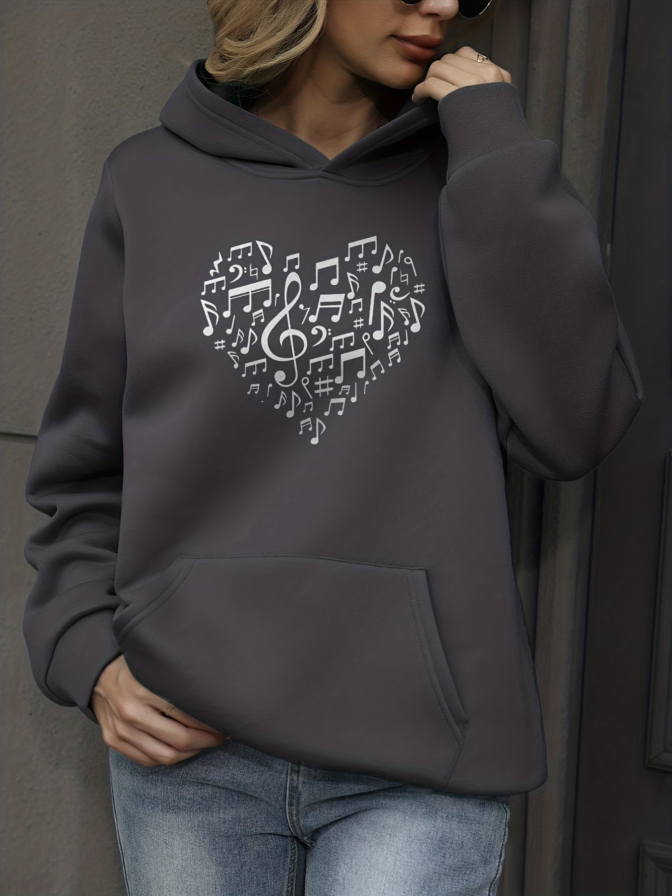 Heart Print Kangaroo Pocket Hoodie Women's Sweatshirt