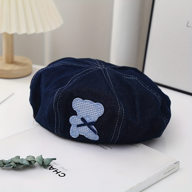 Vintage Denim Painter Cap with Cartoon Bear Patch Beret