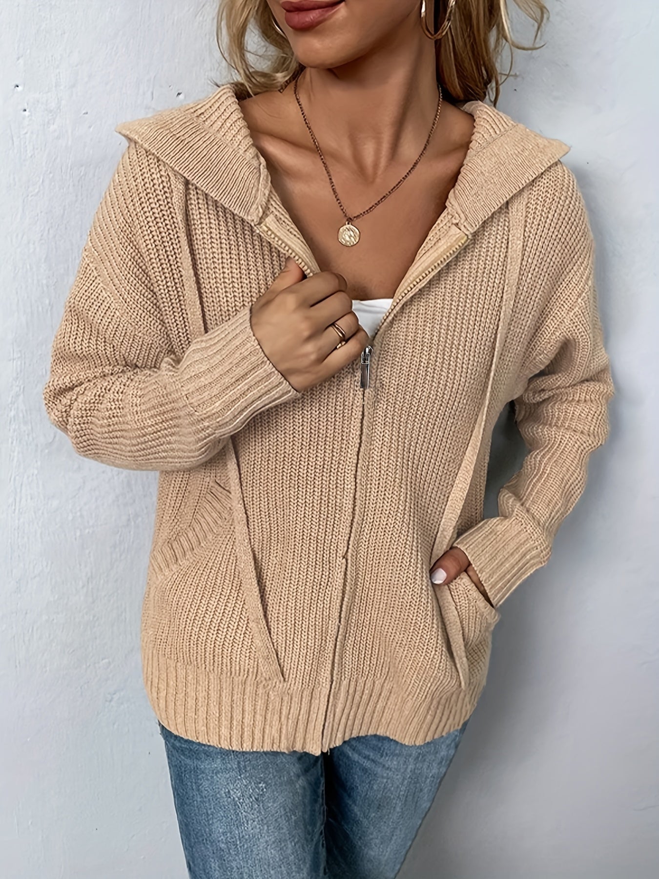 Casual Cardigan Solid Zipper Front Long Sleeve Sweater