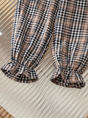 Girls' Plaid Print Ruffle Jogger Trousers For Kids Outfit