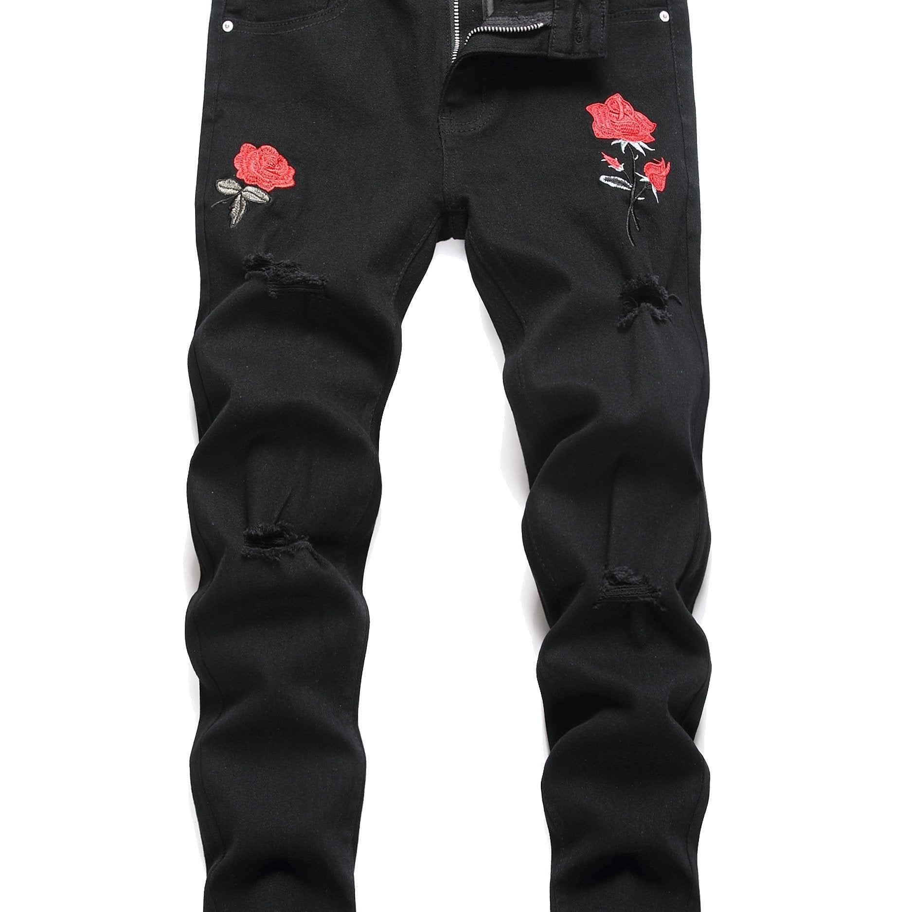 Boys Rose Print Ripped Jeans Skinny Denim Pants
