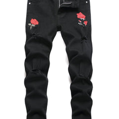 Boys Rose Print Ripped Jeans Skinny Denim Pants