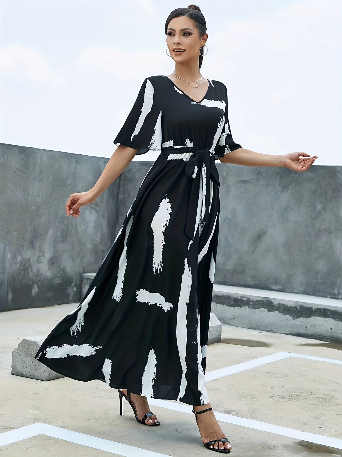 Flutter Sleeve Belted Maxi Dress for Women