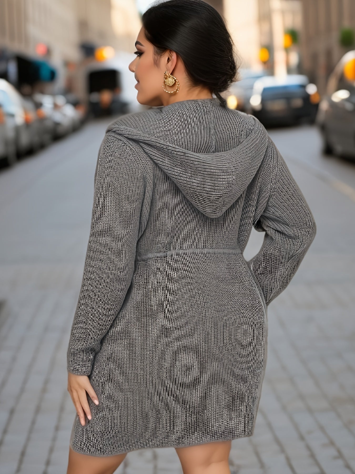 Solid Drawstring Sweater Cardigan Women's Plus Long Sleeve Casual Hood