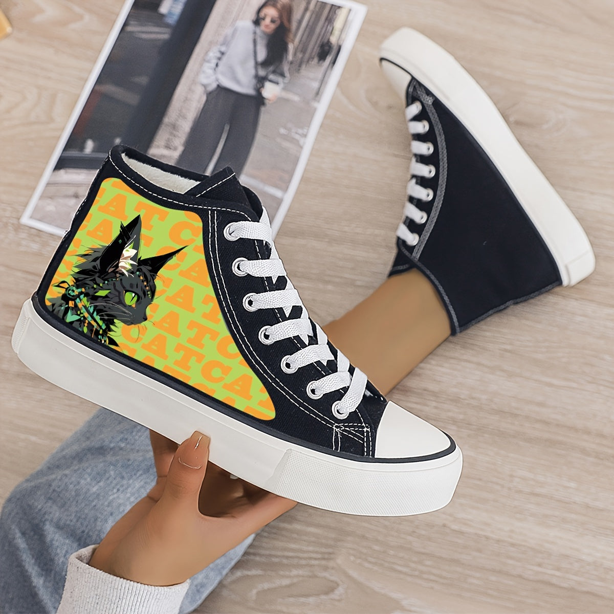 Cat Print Plush Lined Chunky Canvas Sneakers Fall Winter Warm Non Slip Shoes