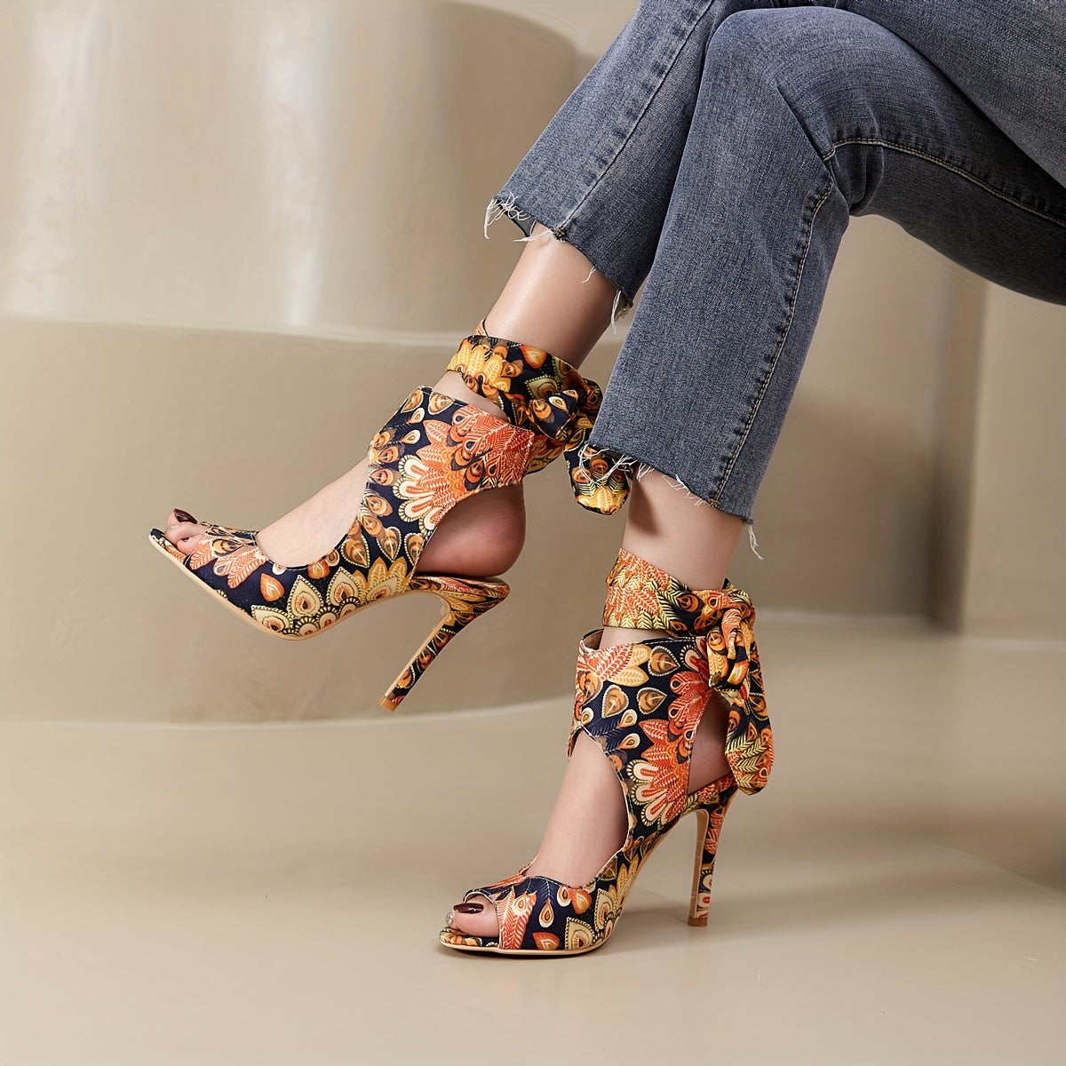 Peacock Print High Heels Slingback Stiletto Sandals