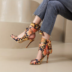 Peacock Print High Heels Slingback Stiletto Sandals
