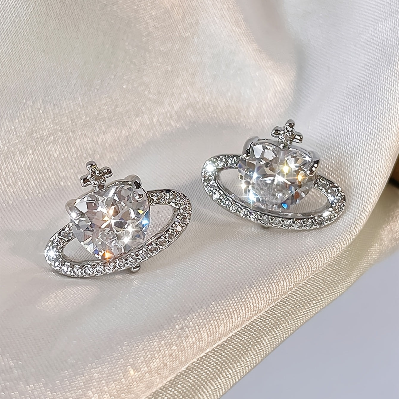 Zircon Love Planet Stud Earrings Women Girls Gift