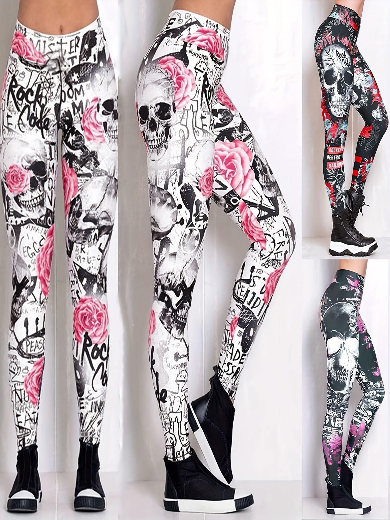 Skull and Flower Printed Leggings for Women