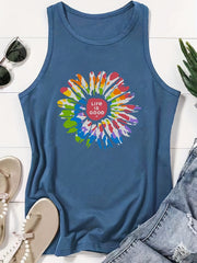 Sunflower & Letter Print Tank Top Women's Clothing