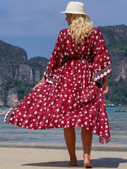 Red Allover Print Tie Belt 3 4 Sleeve Cover Up Cardigan Loose Fit Boho Vacation
