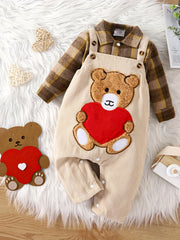 Baby Boys Plaid Romper & Bear Overall Pants Set