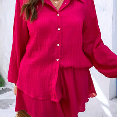 Solid Button Up Blouse & Shorts Set