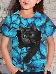 Adorable Kitty Graphic Crew Neck T shirt Girls Comfy Tees