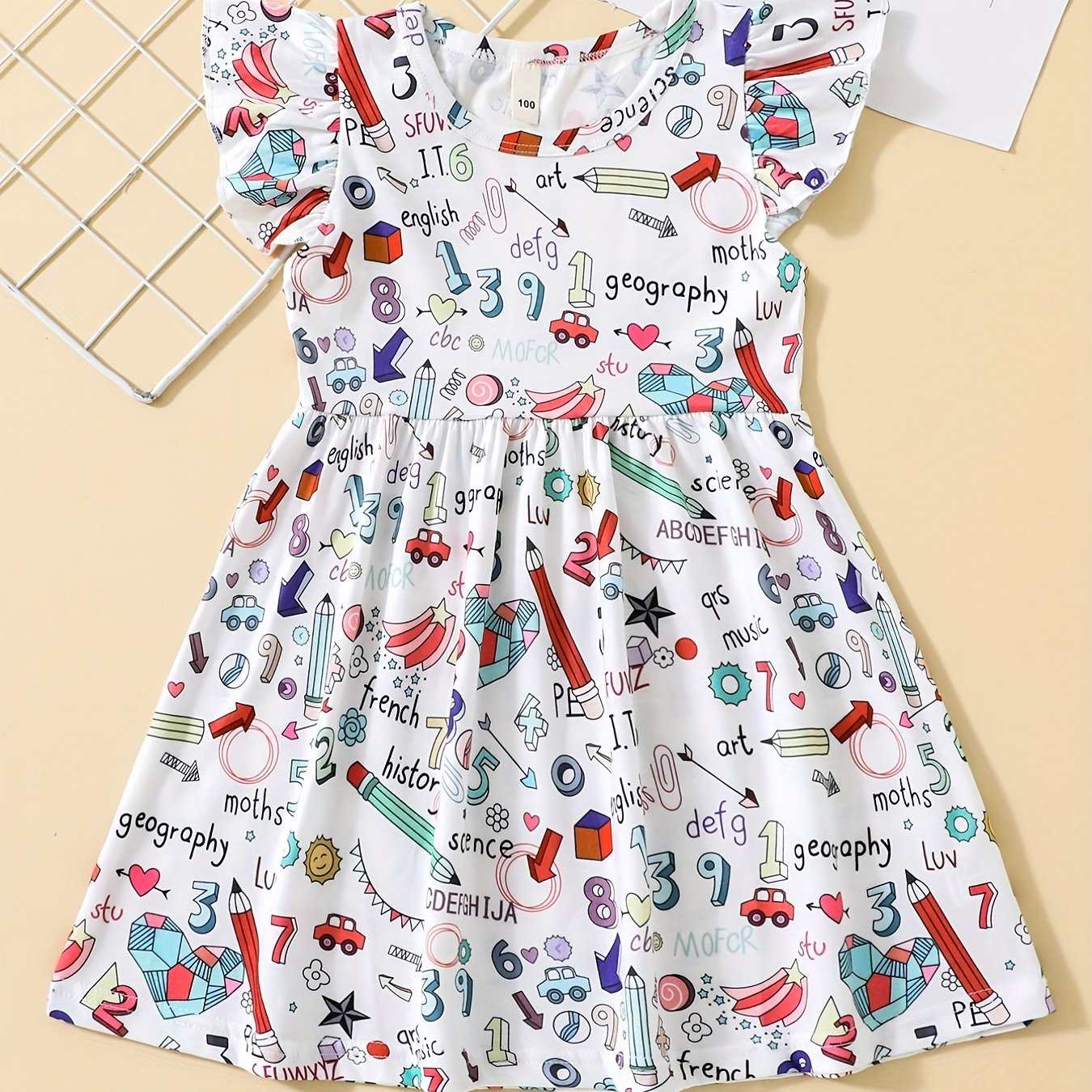 Girl's School Themed Cartoon Dress Stretch Flying Sleeve