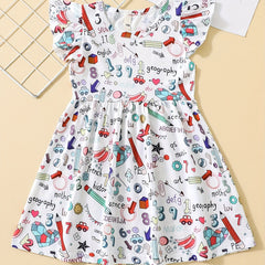 Girl's School Themed Cartoon Dress Stretch Flying Sleeve