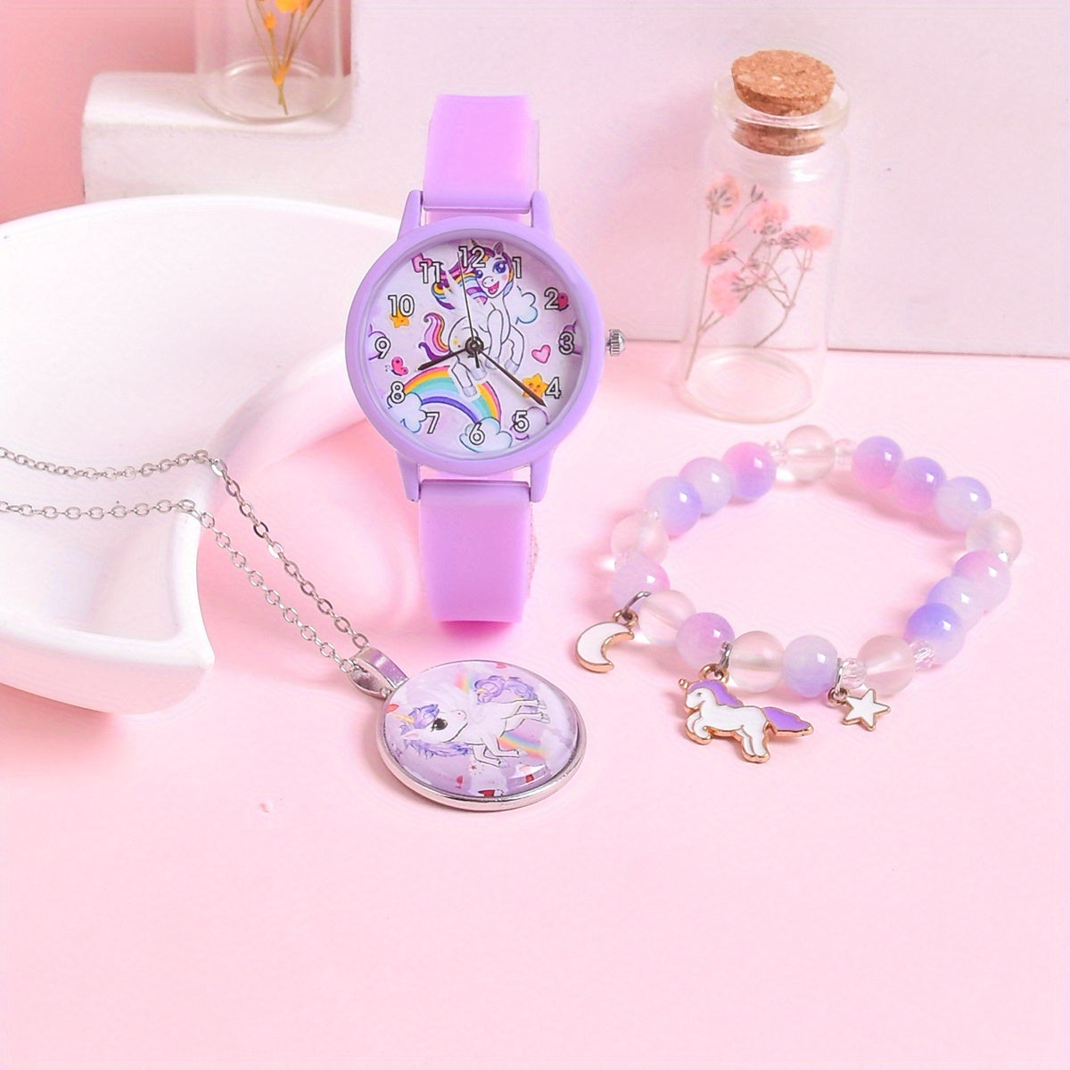 3pcs Cartoon Rainbow Horse Girls' Watch Creative Quartz Wristwatch Set