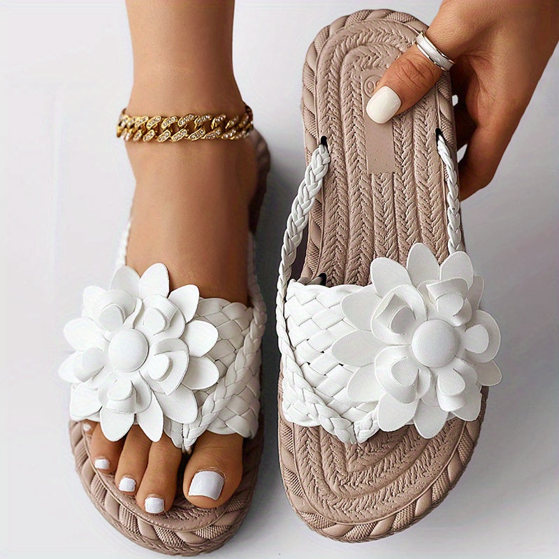 Women's Flower Flat Flip Flops Boho Style Braided Band Non Slip Slides